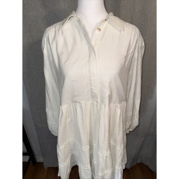 MAEVE Women's Linen Edition The Bettina Tiered White Mini Shirt Dress Size Small - Picture 3 of 12